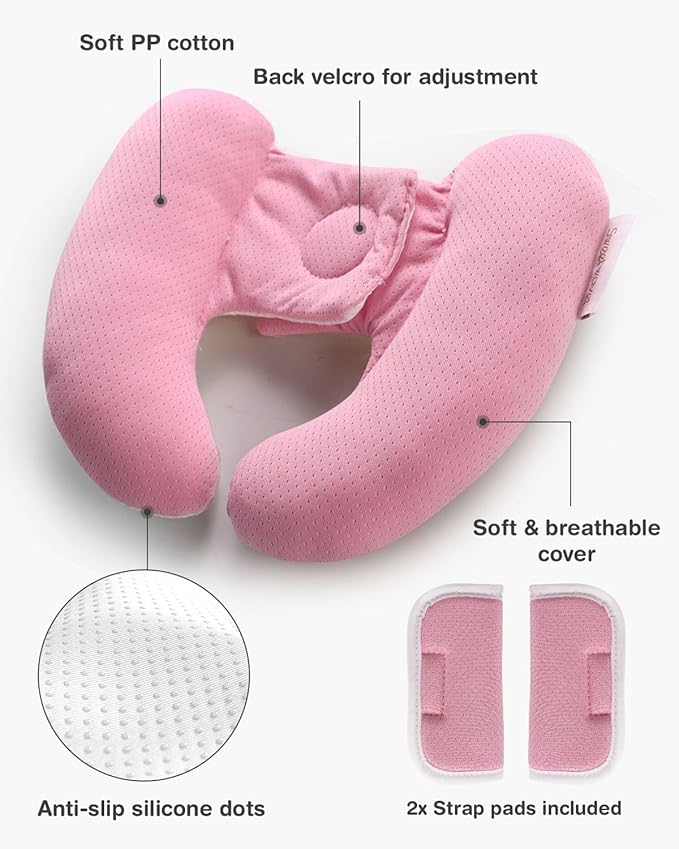 Baby Neck Pillow for Car Seat and Stroller, Adjustable Baby Head Support Pillow for Travel, Soft and Cushiony Torticollis Pillows for Infant and Newborn (Pink)