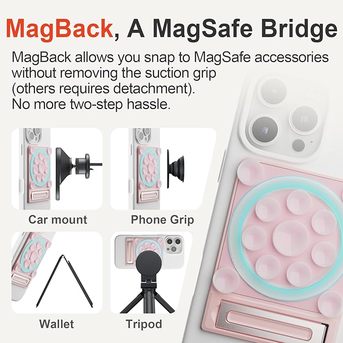 SEMBO Silicone Suction Phone Case Adhesive Sticky Grip Stand with Mag-Back for MagSafe Car/Wall Mounts, Strong Magnetic Holder for Fridge, Gym Equipment, Shower, Hands-Free Selfie (Pink, Adhesive)