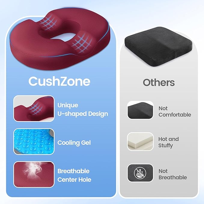 Donut Pillow Seat Cushion - Cooling Gel Outdoor Chair Cushions, Memory Foam Seat Cushion for Office & Home, Car Seat and Patio Furniture Cushions, Hemorrhoids Pillow and Tailbone Pain Relief, Red