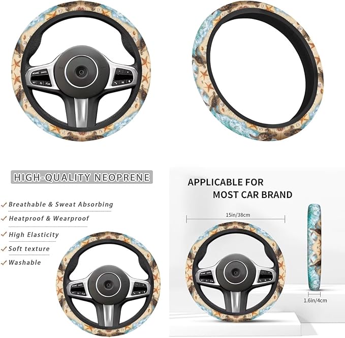 Sea Turtle Print Car Accessories for Men Women Cute Car Steering Wheel Cover Set 6 Pcs Handbrake Gear Cover Cup Coaster Suit for Most Cars Truck Vans SUV