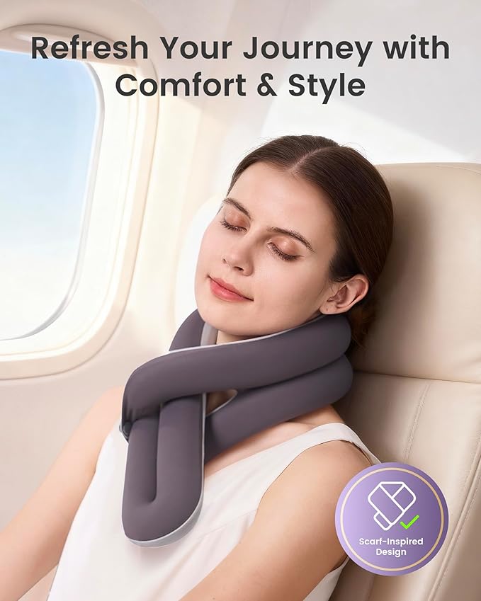 Travel Pillow, Neck Pillow – Ergonomic Memory Foam Pillow for Airplane, Adjustable & Ultra-Lightweight with Dual-Sided Fabric for Flight, Car, and Office Use, Grey