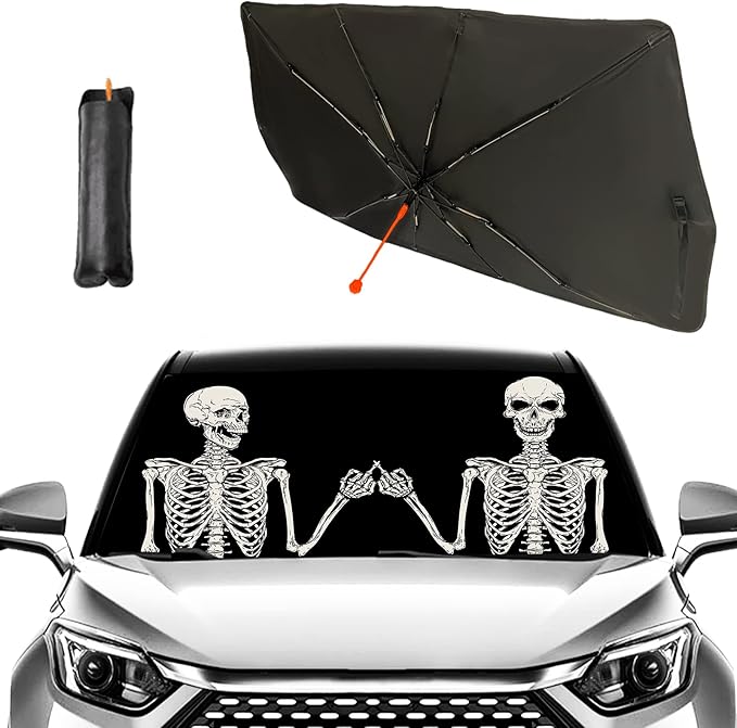 Socira Funny Skull Car Sun Shade Windshield Sunshade Umbrella Foldable Gothic Umbrella Sun Shade Sunshade Front Window Cover Skull Car Accessories Blocks Uv Rays 57" X 30"