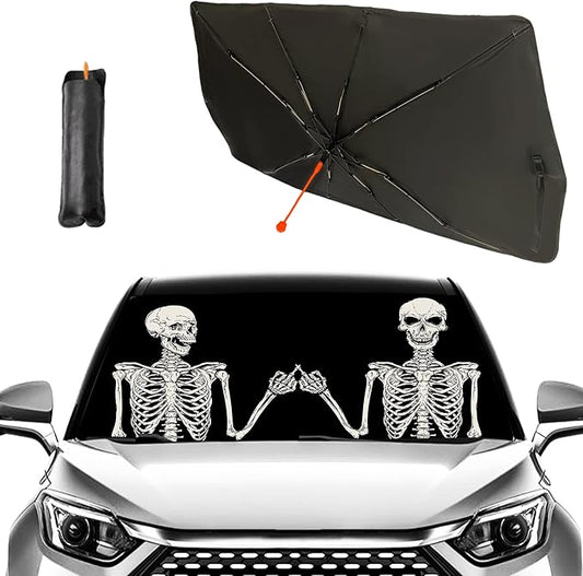 Socira Funny Skull Car Sun Shade Windshield Sunshade Umbrella Foldable Gothic Umbrella Sun Shade Sunshade Front Window Cover Skull Car Accessories Blocks Uv Rays 57" X 30"