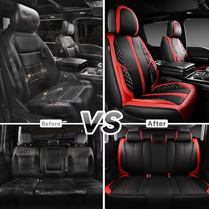 CAR PASS Nappa Leather Car Seat Covers Full Set Waterproof Protector Durable Cushioned,Universal Fit for Sedan SUV Pick-up Truck,Automotive, Anti-Slip and Backseat Luxury Premium(Black and Red)