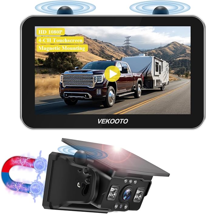 VEKOOTO VK7Pro Magnetic Solar Wireless Backup Camera, 7'' IPS Touchscreen Monitor HD1080P No Wiring 15,800mAh Rechargeable Camera System for Hitching Gooseneck Horse Trailer RV Camper Car Truck