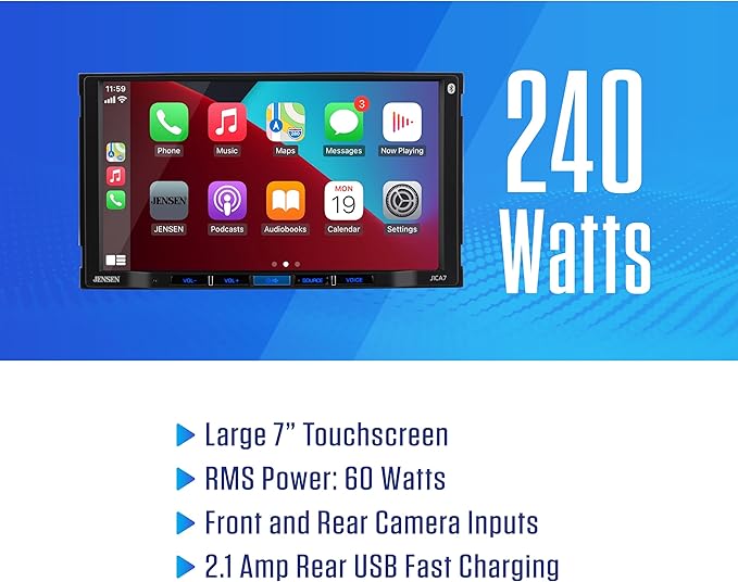 JENSEN J3CA7W 7-inch Certified Apple CarPlay Android Auto Wired or Wireless | Double DIN Touchscreen Car Stereo Radio | Bluetooth | Backup Camera Input | USB Playback & Charge