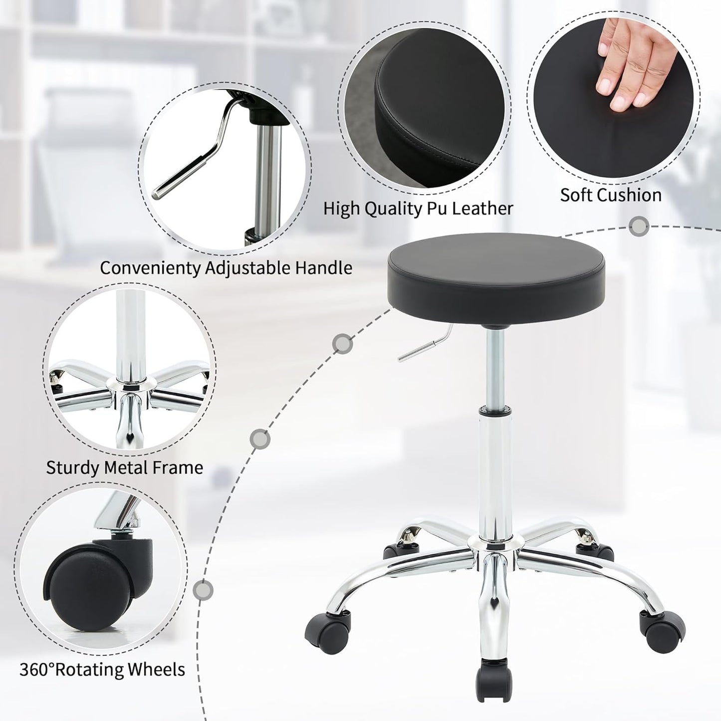 Rolling Office Stools, Adjustable Drafting Stool on Wheels 19.5’’-26.6’’, Black Ergonomic Office Chair (Black)