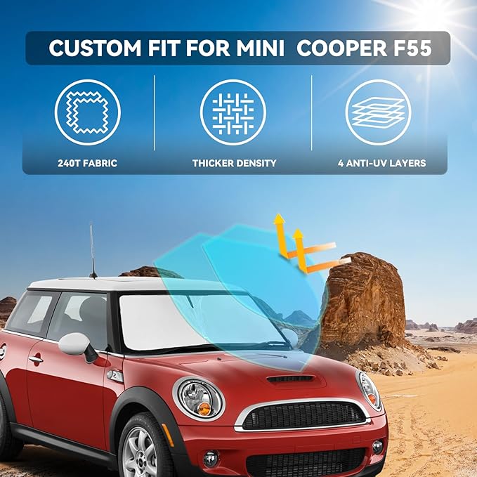 for Mini Cooper F55 2015-2024 2025 Windshield Sun Shade - 4 Layers Car Sunshades for Front Windows Shade Cover Custom Fit F55 Sun Visor 250T Retractable Shade Blocks UV Rays Car Accessories