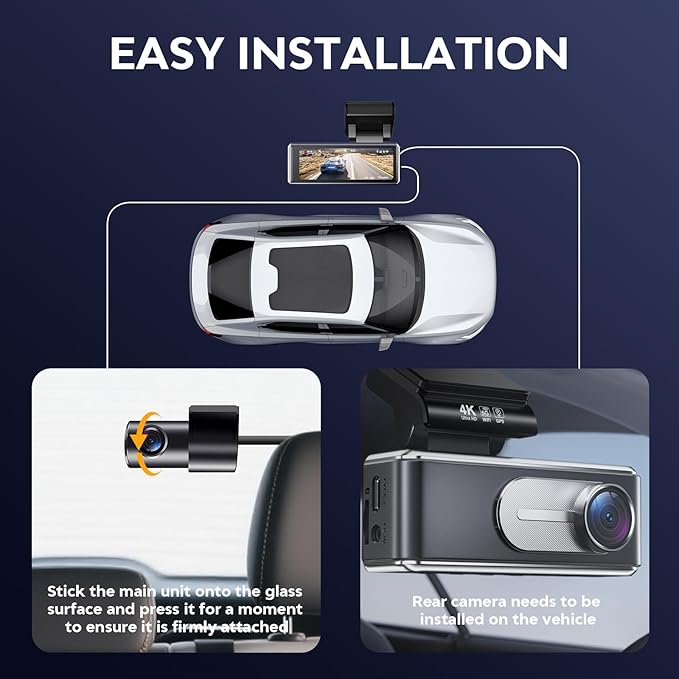 4K Dash Cam Front and Rear,with 64GB Card,Built in 5.8GHz WiFi & GPS Car Camera,Super Night Vision,Advanced Driver Assistance System,3.2'IPS Screen,24H Parking Mode,Time-Lapse,Loop Recording