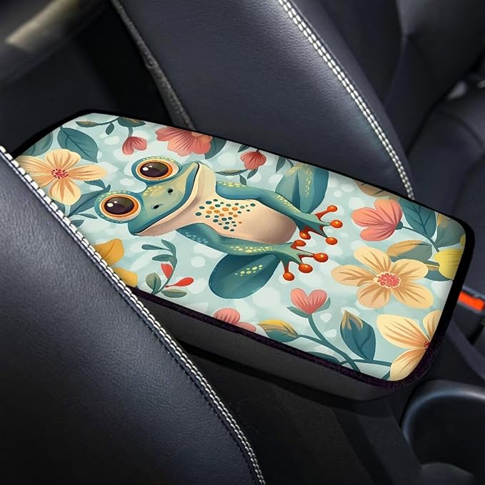 Auto Center Console Cover Pad for SUV,Truck,Car, Frog Floral Car Armrest Seat Box Cover, Auto Armrest Protector Car Accessories for Women Men