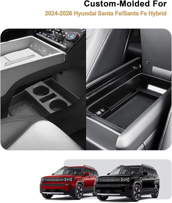 ECOZEN 2026 Santa Fe Center Console Organizer - 2 Pcs Armrest Box Storage Tray + Lower Center Console Tray With Extra Two Cup Holders For 2024-2026 Hyundai Santa Fe/Hybrid Interior Accessories