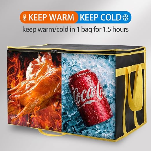 Bodaon Insulated Food Delivery Bag, XXXL Pizza Delivery Bags for Hot and Cold Food, Commercial, Large Capacity Reusable Warming Bag, Catering Cooler Bag for Catering (Black-Yellow Edge, 1Pk)