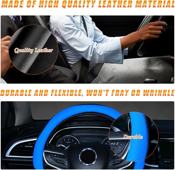 Ziciner Steering Wheel Cover, Soft Leather Premium Durable Elastic Auto Wheel Cover Protector, Stretch Breathable Anti-Slip Lining, Universal 14.5-15 inch Car Interior Accessories (Blue)