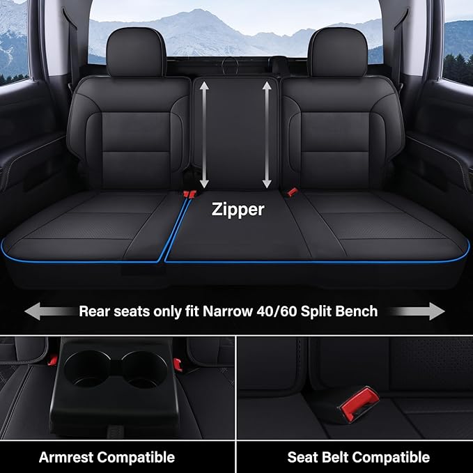 Coverado Silverado Seat Covers Full Set, Faux Leather Car Seat Covers Fit for Chevy Silverado GMC Sierra 2007-2013 & 2019-2026 1500, 2020-2026 2500HD 3500HD Crew Double Extended Cab(Blueline)