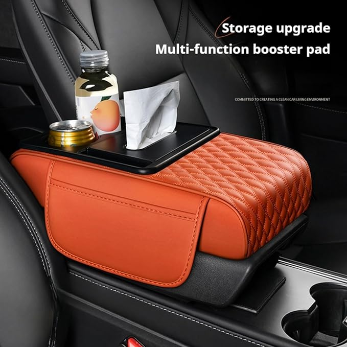 5-In-1 Center Console Cover Organizer, Arm Rest Cover for Car with Cup Holder & Storage Pocket & Tissue Box, Armrest Cover Cushion Pad, Water Ripples, Black - Red