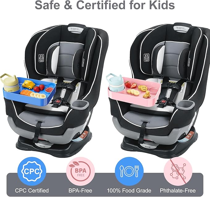 [Pink+Blue] Car Seat Snack Tray for Toddlers - 3 Inch Cup Holder Fits Most Sippy Cups & Straw Bottles with Dip Well, Mess-Free Square Kids Travel Tray Road Trip Essentials, Blue & Pink