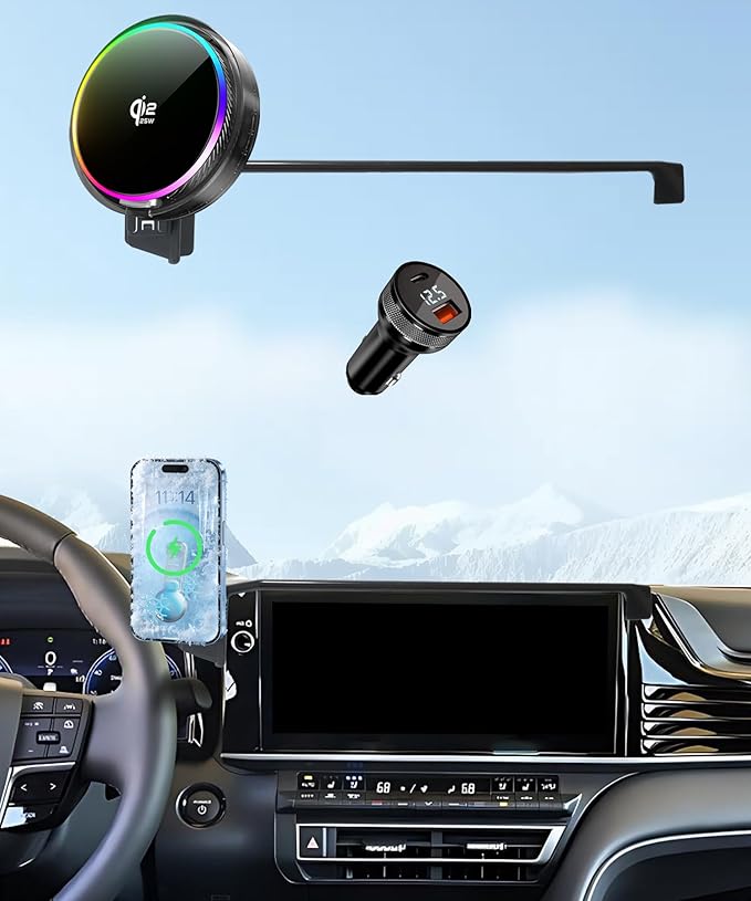 Qi2.2 25W Magnetic Car Mount Charger for 2025 2026 Toyota Camry Accessories, for Fast Charging Cell Phone Holder 12.3 Inch Screen Fixed Clip with Cooling Fan＆54W Fast Adapter