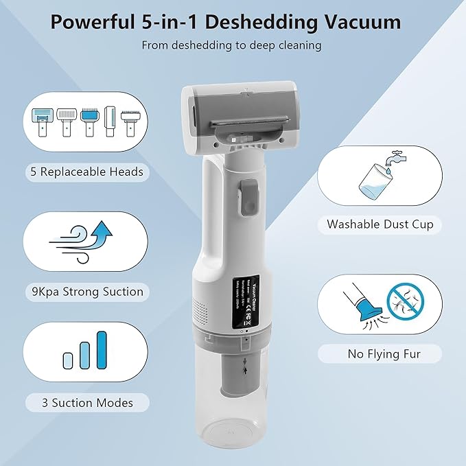 Deshedding Brush with Vacuum Suction, 5-in-1 Pet Hair Removal Tool for Dogs Cats, Cordless Undercoat Rake Removes Loose Hair, 9Kpa Pet Vacuum Cleaner for Furniture Carpet, Washable
