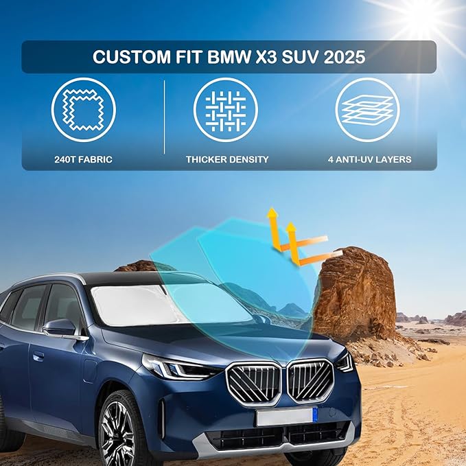for BMW X3 2025 2026 Windshield Sun Shade - 4 Layers Car Sunshades for Front Windows Shade Cover Custom Fit X3 Base xDrive35i xDrive28i M Sport 250T Retractable Shade Blocks UV Rays Car Accessories
