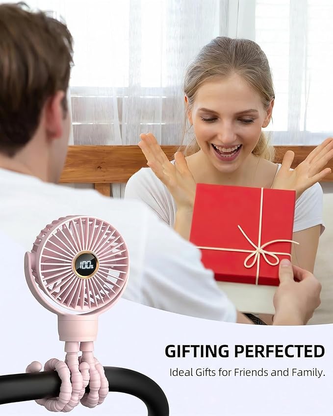 Portable Stroller Mini Fan, Small Rechargeable Personal Cooler w/ 360° Rotation, 3-Speed, Display, Battery Powered Stroller Accessories, Baby Essentials for Car Seat, Crib, Bike, Treadmill, Sakura