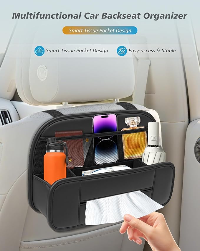 FLORICH 5-in-1 Car Backseat Organizer, Premium Leather Headrest Seat Back Storage Pocket with Cup Holder, Foldable Hanging Car Tissue Holder 1 Pack