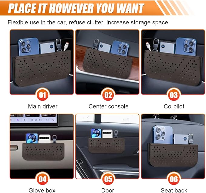 Car Seat Side Pocket Organizer, Multifunctional Mini Console Storage Bag for Phone, Keys, Sunglass, Wallet, PU Leather Tray Pouch Car Organizer Accessories for Seat, Door, Window, Console (Brown)