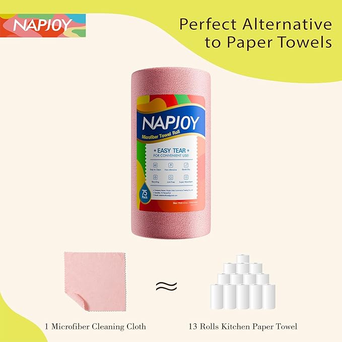 Napjoy Microfiber Cleaning Cloth Roll, 75PK Easy Tear Away Reusable Paper Towels, 12" x 12", Lint-Free and Scratch-Free with Patented Fiber Technology Microfiber Towel Roll, Pink