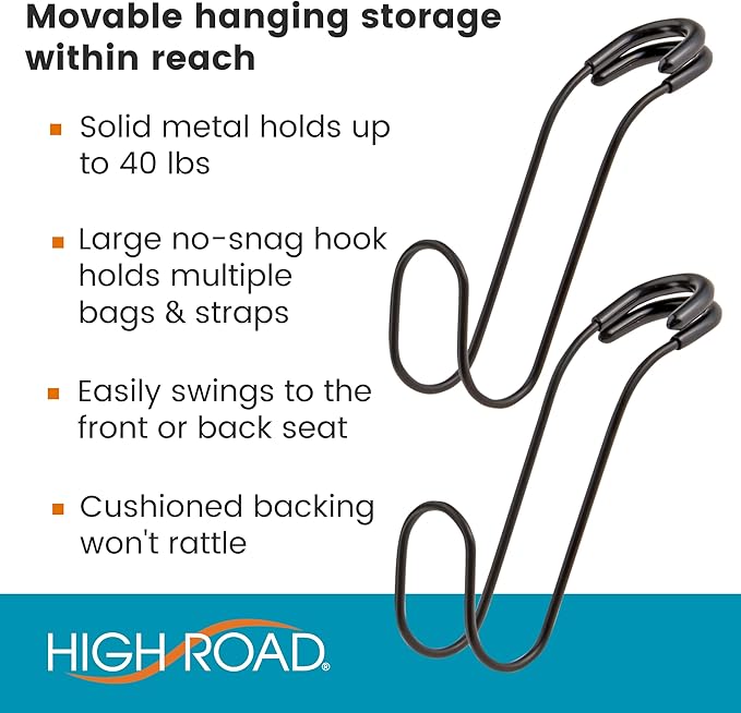 High Road Unbreakable Car Bag Hooks - Large Car Seat Hooks for Purse, Backpack, Coats, Hats and Heavy Bags up to 40 lbs - Secure Attachment Fits All Headrest Posts, 6-Pack
