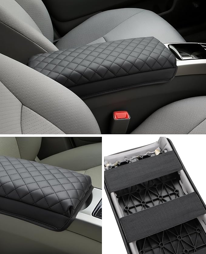 INTGET Center Console Cover for 2004-2009 Toyota Prius Accessories Leather Middle Armrest Cover Pad Car Interior Arm Rest Lid Protector Cushion (Black Stitches, Cushion)