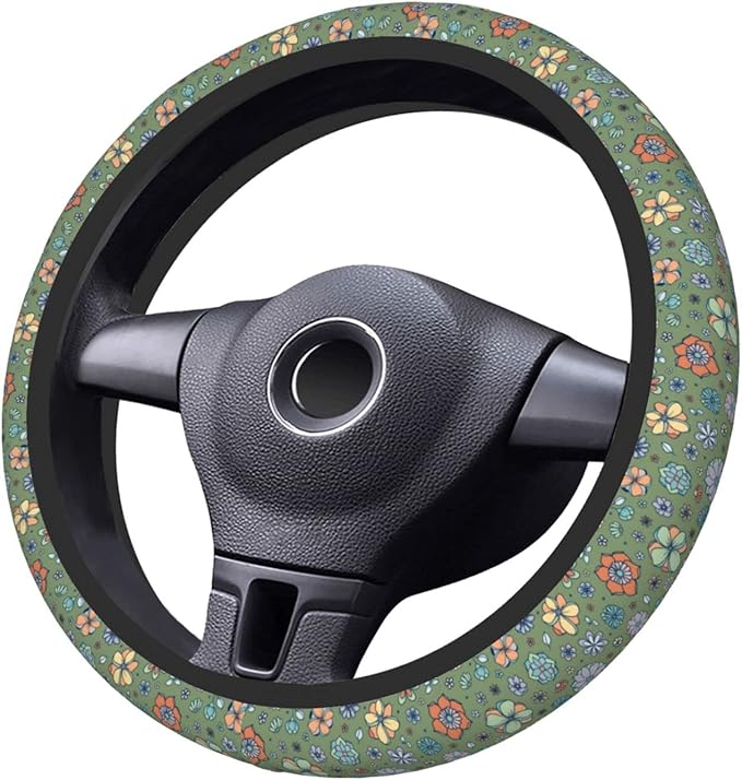 Sage Green Hippie Flower Auto Car Steering Wheel Cover Universal 15 Inch Neoprene Interior Decor Protection Accessories
