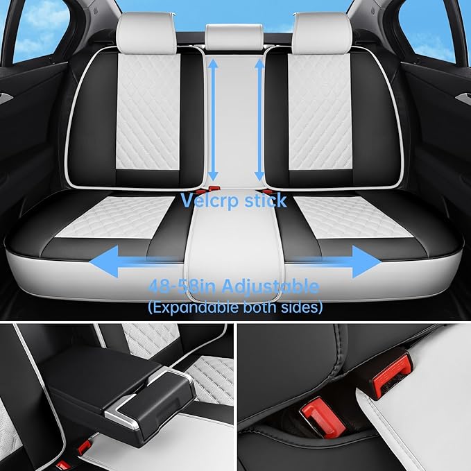 Car Seat Covers Full Set, Luxury Leather Waterproof Non-Slip Seat Protector Universal Fit for Most Cars SUVs Trucks Pick-ups,White and Black Car Accessories Interior(Full Set White)