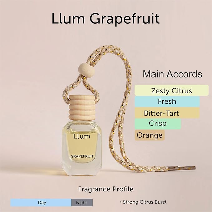 Llum Grapefruit Hanging Car Air Freshener – Luxury Automotive Perfume Diffuser 10ml (0.34 fl oz), Long-Lasting Fragrance, Alcohol-Free Non-Toxic Car Scent, Glass Bottle With Wood Cap & AC Vent Clip