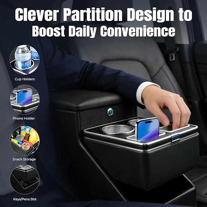 Vehicle Center Console Organizer - Floor-Mounted Lockable Storage with Dual Cup Holders, Fits Minivans, SUVs & Van Middle Seats 10.24 inch Wide