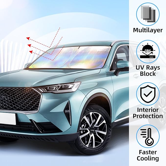 Aokway Car Windshield Sun Shade, Laser Reflective Windshield Sunshade | Heat & UV Blocker for Cars, SUVs, Trucks | Flexible Steel Wire Frame,Double Thickened, Foldable Design