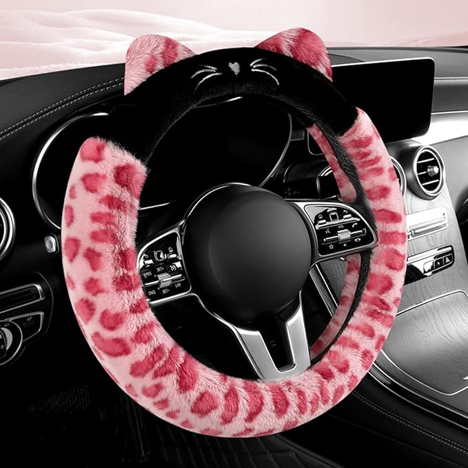 Dotesy 3D Ear Furry Cheetah Car Steering Wheel Cover Set Fluffy Faux Wool Steering Wheel Protector Leopard Anti-Slip Soft Warm Car Accessories for Women (Pink)