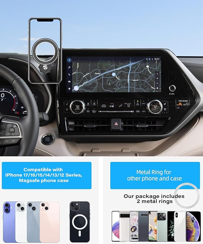 Car Phone Holder for 2020-2026 Toyota Highlander Accessories Compatible with MagSafe Cell Phone Mount 360° Rotation Does Not Affect Air Vent,Dashboard Original-Size Replacement Model