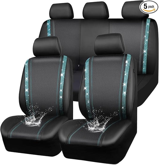 CAR PASS Bling Car Seat Covers Full Set, Shining Rhinestone Diamond Waterproof Faux Leather Universal Fit 95% Automotive Glitter Crystal Sparkle Strips for Cute Women Girl, Full Set (Mint Diamond)