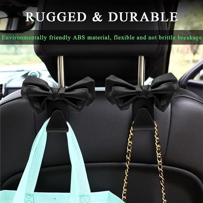 2 PCS Car Seat Headrest Hooks, Cute Bow Shaped Vehicle Backseat Storage Hooks, Leather Bow Shaped Sturdy Car Seat Back Hooks for Purses/Coats/Umbrellas, Car Accessories (Black)