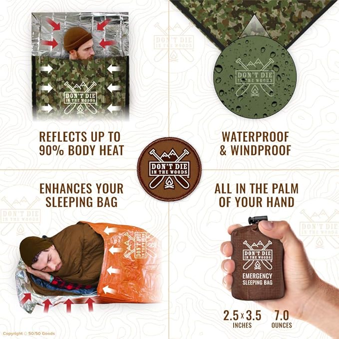 Don’t Die in The Woods - Emergency Sleeping Bag with Hood - Made with Extra Thick Thermal Mylar - 10 Essentials Hiking Camping Blanket, Survival Gear Tactical Car Disaster Bug Out First Aid Kits
