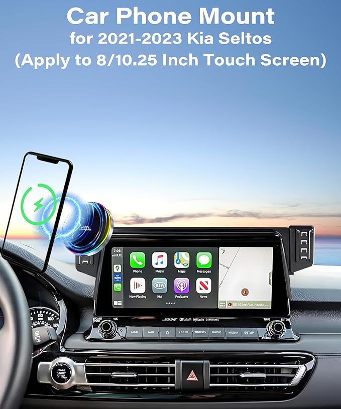 Car Phone Holder for Kia Seltos 2021 2022 2023 Accessories Apply to 8/10.25 Inch Touchscreen 15W Fast Wireless Charger Screen Fixed Clip HandsFree Cell Phone Mount 360° Rotation