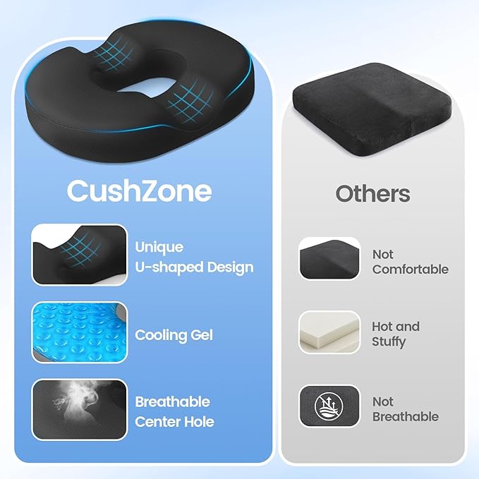 Donut Pillow Seat Cushion - Cooling Gel Outdoor Chair Cushions, Memory Foam Seat Cushion for Office & Home, Car Seat and Patio Furniture Cushions, Hemorrhoids Pillow and Tailbone Pain Relief, Black