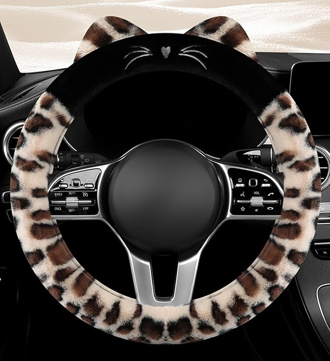 Dotesy 3D Ear Furry Cheetah Car Steering Wheel Cover Set Fluffy Faux Wool Steering Wheel Protector Leopard Anti-Slip Soft Warm Car Accessories for Women (White Khaki)