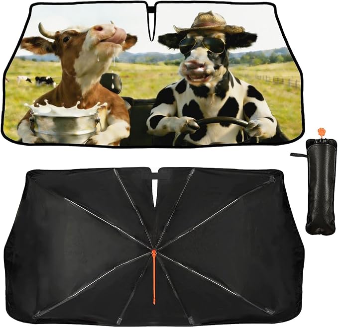 Funny Cow Driving Car Sunshade Umbrella Fun Cow Drink Milk Windshield Sun Shade for Car Retractable Umbrella Sunshades for Front Window Sun Shades Cover Visor Portector Block UV Rays