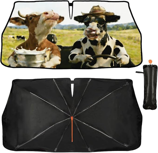 Funny Cow Driving Car Sunshade Umbrella Fun Cow Drink Milk Windshield Sun Shade for Car Retractable Umbrella Sunshades for Front Window Sun Shades Cover Visor Portector Block UV Rays