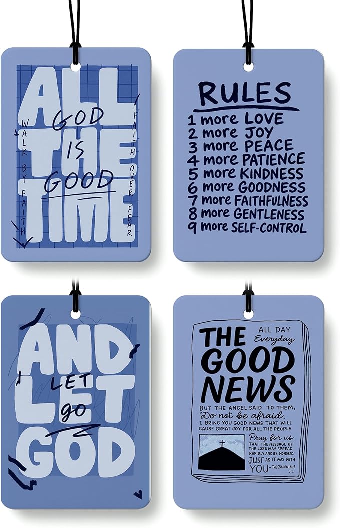 Retro Blue Christian Car Air Freshener 4 Pcs, Neutral Bible Verses Hanging Air Freshener for Cars Bathroom Dorm Books Decor, Vintage Religious Accessories Gifts for Women Men