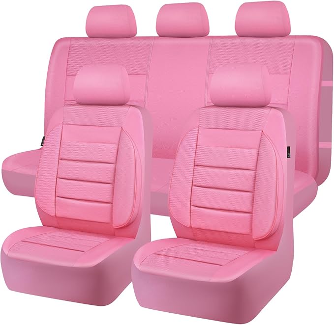 CAR PASS Pink Leather Seat Covers Full Set Universal Water Resistant 3D Foam Back Support, Luxury Comfort Automotive 5 Seat Covers for Women All Season Fit SUV,Sedan,Van, Airbag Compatible Pink