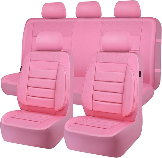 CAR PASS Pink Leather Seat Covers Full Set Universal Water Resistant 3D Foam Back Support, Luxury Comfort Automotive 5 Seat Covers for Women All Season Fit SUV,Sedan,Van, Airbag Compatible Pink