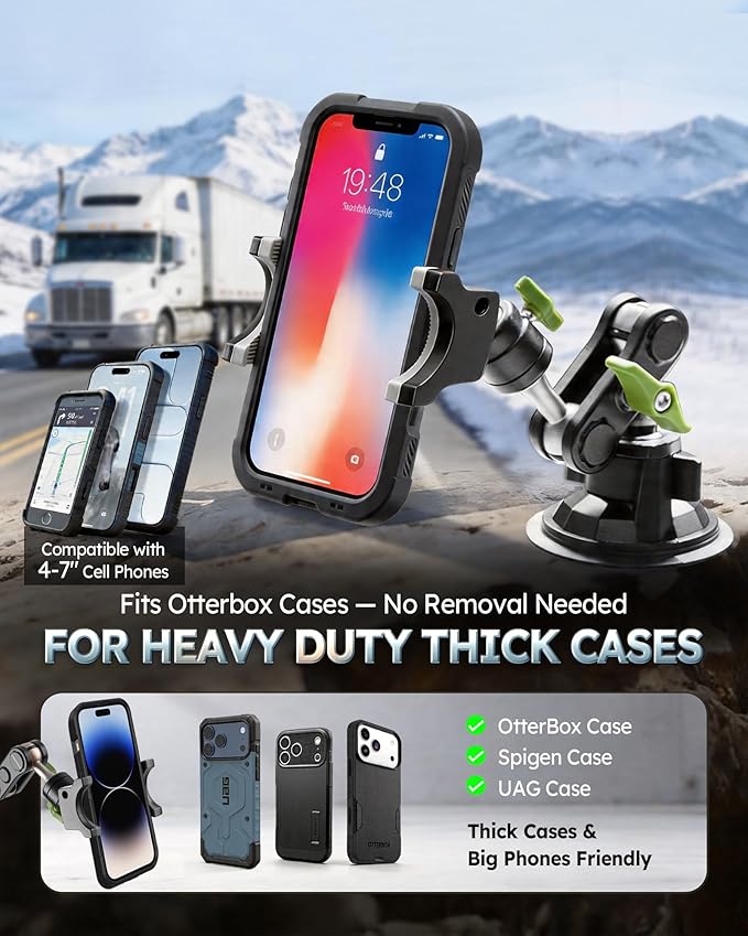 Heavy Duty Truck Phone Mount, Aluminum 360° Rotating Anti-shake Suction Cup Phone Mount, 14.5" Long Arm Metal Windshield Phone Holder for Car Truck Semi, Fits Thick Cases F-150 Silverado RAM Kenworth