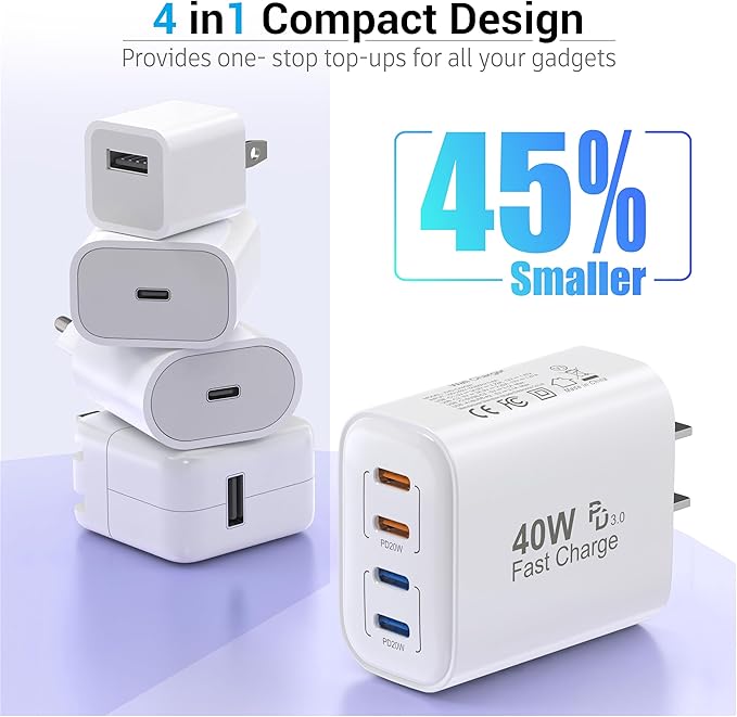 40W USB C Charger Block, 2-Pack, 4 USBC Ports, Type C Wall Plug USB-C Fast Charging, iPhone Charger Adapter Box Cube for iPhone 17, 17 Air, 17 Pro, 17 Pro Max,16, 15, 14, 13, 12, Samsung Phone