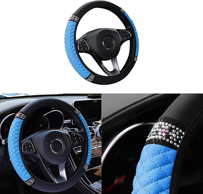 Bling Car Steering Wheel Cover, 15 Inch Rhinestones Soft Leather Elastic Steering Wheel Protector, Sparkly Crystal Diamond for Women Girls, Car Interior Accessories for Most Cars (Blue)